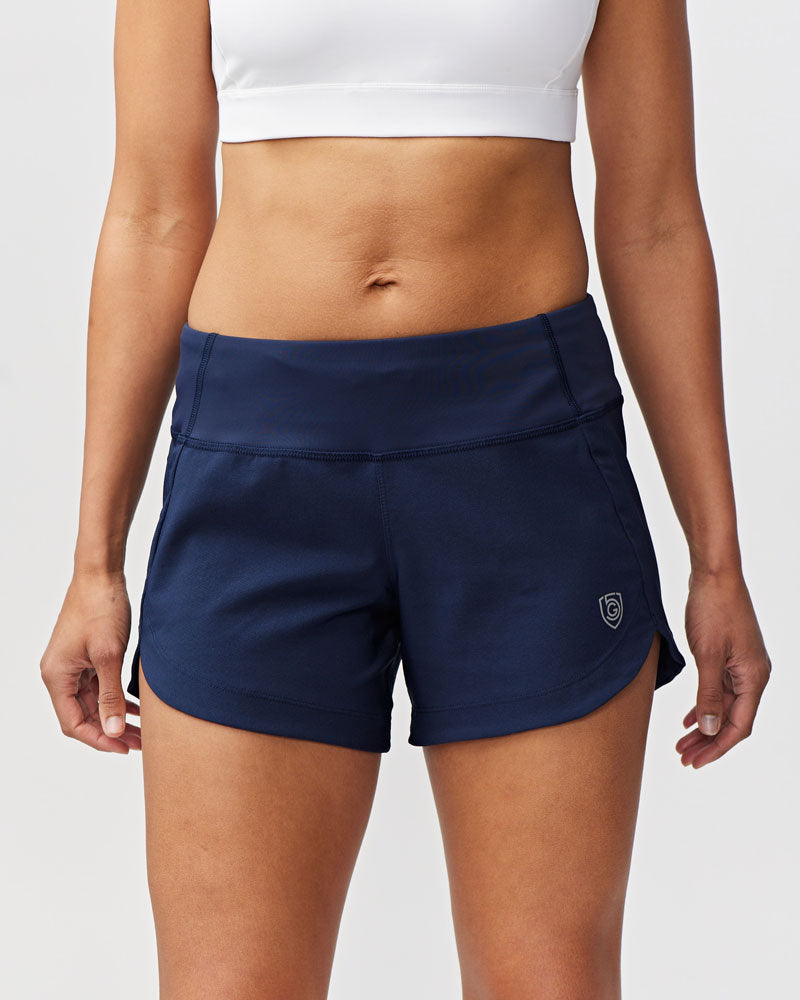 Navy Excel women's workout shorts by Hot Trend Vault with extra coverage, designed for active training and sprints.