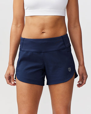 Navy Excel women's workout shorts by Hot Trend Vault with extra coverage, designed for active training and sprints.