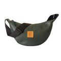 Forest green round mini vegan leather shoulder bag by Ecodunia with Kenyan fabric lining, featuring a compact and stylish design.