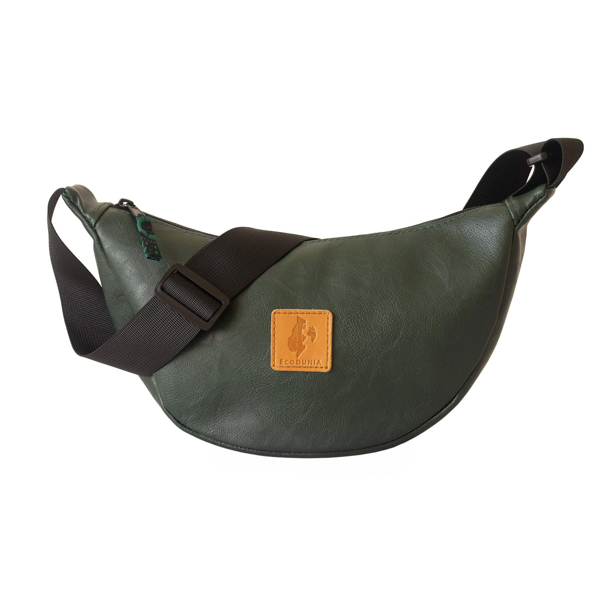 Forest green round mini vegan leather shoulder bag by Ecodunia with Kenyan fabric lining, featuring a compact design and adjustable strap.