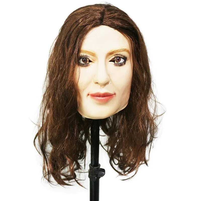 Realistic Female Latex Mask Woman Face Halloween Latex Mask with Wig Lady Crossdressing Sissy Transgender Costume