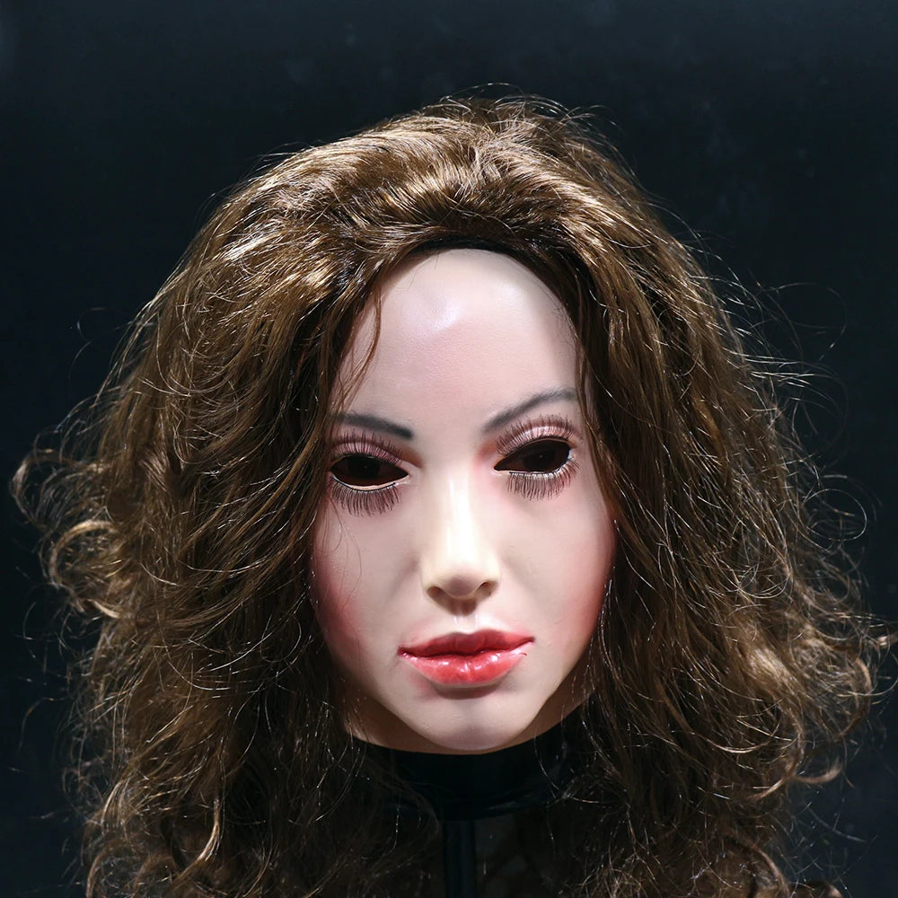 Realistic Latex mask Female Woman Face Halloween Latex Mask with Wig Lady Crossdressing Sissy Transgender Costume