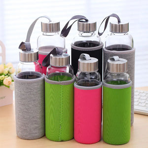 Glass Water Bottle with Stainless Steel Lid and Protective Bag, Sport Bottle, BPA Free, Travel Drink Bottle 360ml, 420 ml, 550ml