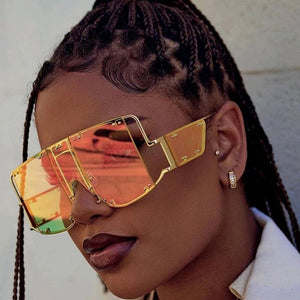 VICKICOCO oversized square sunglasses with vintage metal frame and rivet details, unisex eyewear for stylish sun protection.