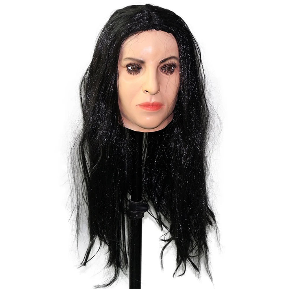 Realistic Female Latex Mask Woman Face Halloween Latex Mask with Wig Lady Crossdressing Sissy Transgender Costume