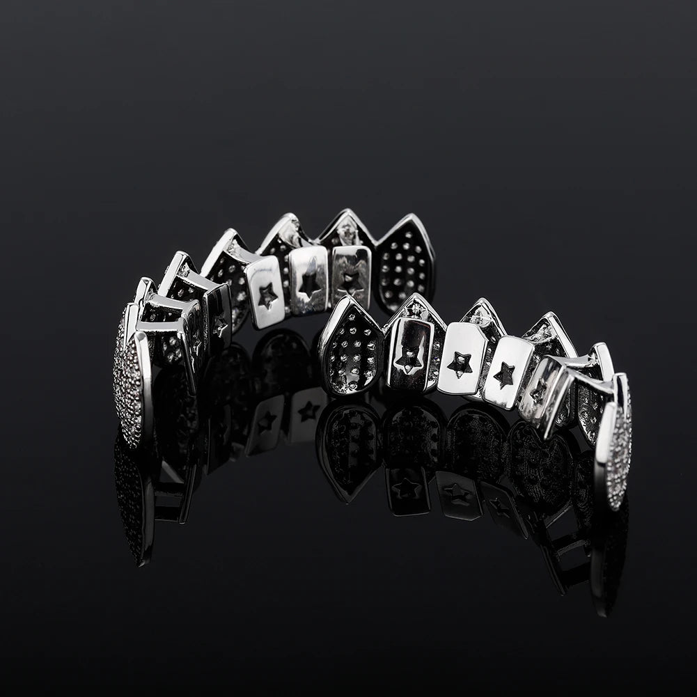 TOPGRILLZ New Iced Out CZ Teeth Grillz Set Top &amp; Bottom 14K Gold Plated Hip Hop Rapper Jewelry Party Gift For Men Women