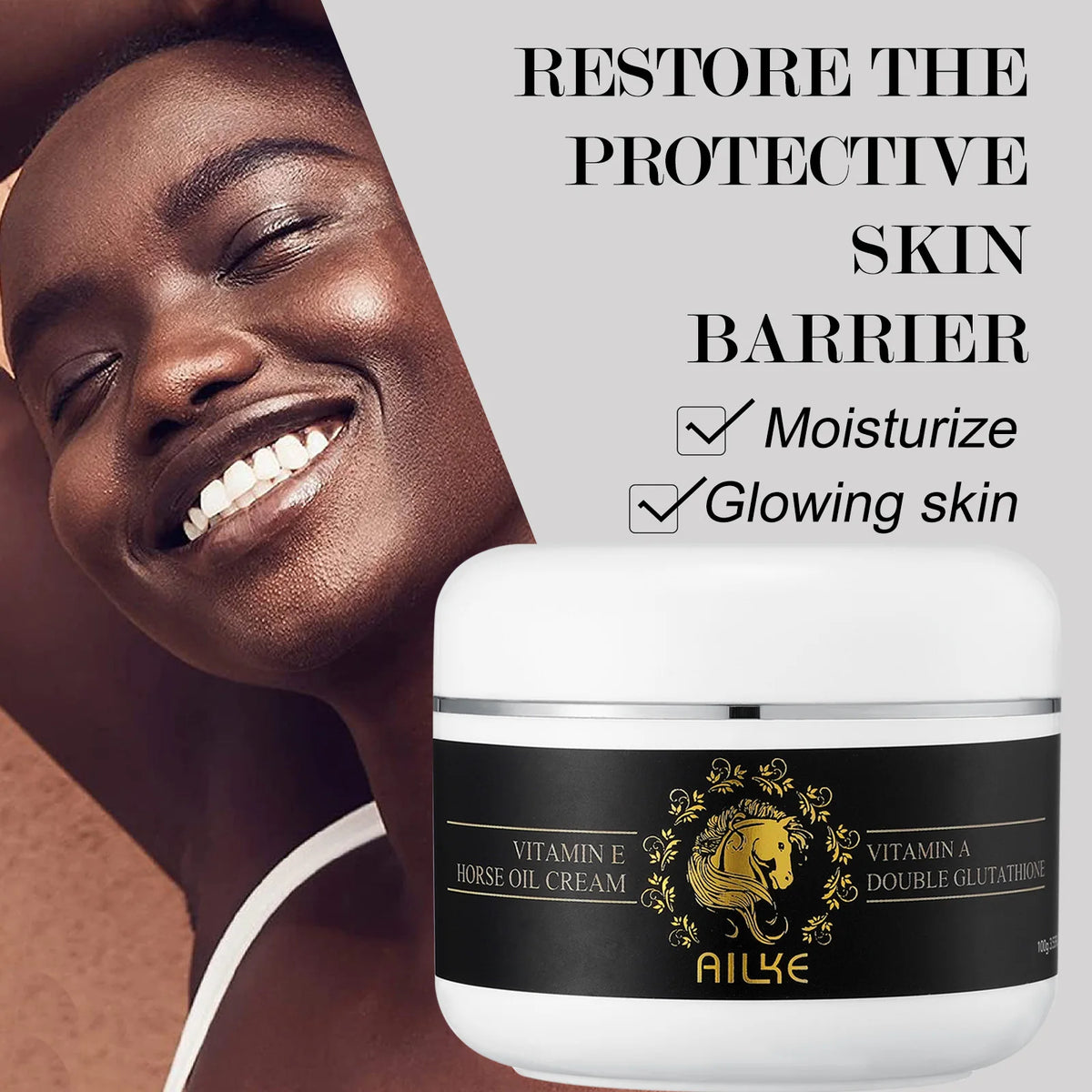 Unisex AILKE Collagen 5-in-1 skin care kit with bottles and containers, focused on even tone and glowing skin.