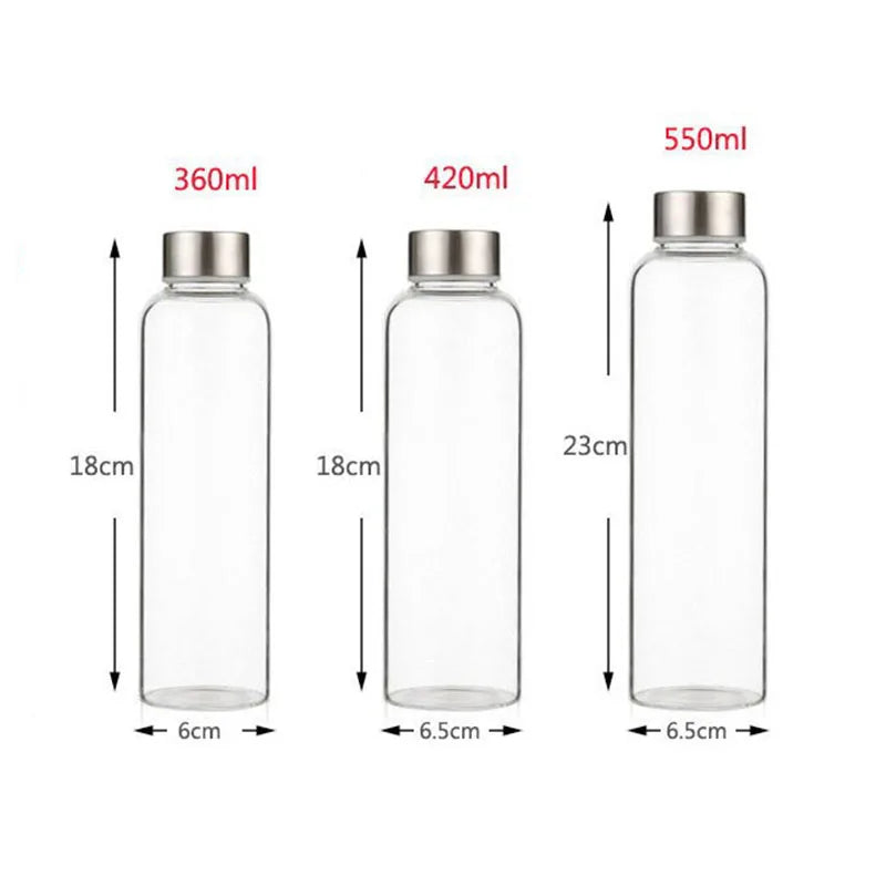 Glass Water Bottle with Stainless Steel Lid and Protective Bag, Sport Bottle, BPA Free, Travel Drink Bottle 360ml, 420 ml, 550ml