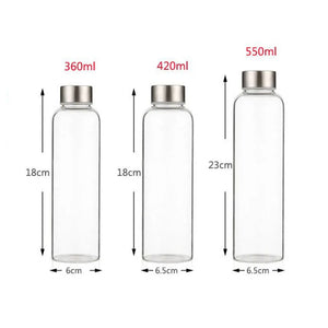 Glass Water Bottle with Stainless Steel Lid and Protective Bag, Sport Bottle, BPA Free, Travel Drink Bottle 360ml, 420 ml, 550ml