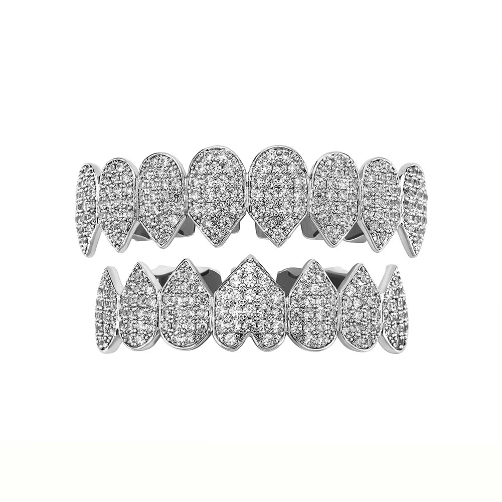 TOPGRILLZ New Iced Out CZ Teeth Grillz Set Top &amp; Bottom 14K Gold Plated Hip Hop Rapper Jewelry Party Gift For Men Women