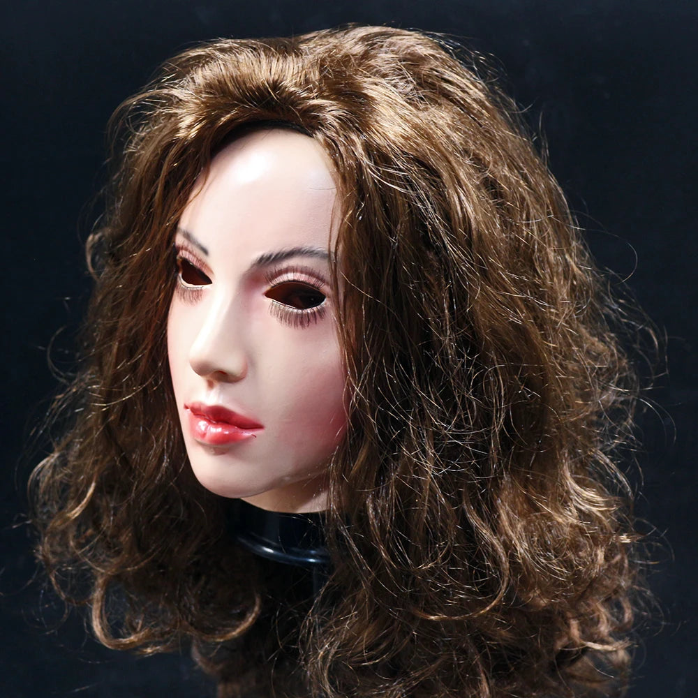 Realistic Latex mask Female Woman Face Halloween Latex Mask with Wig Lady Crossdressing Sissy Transgender Costume