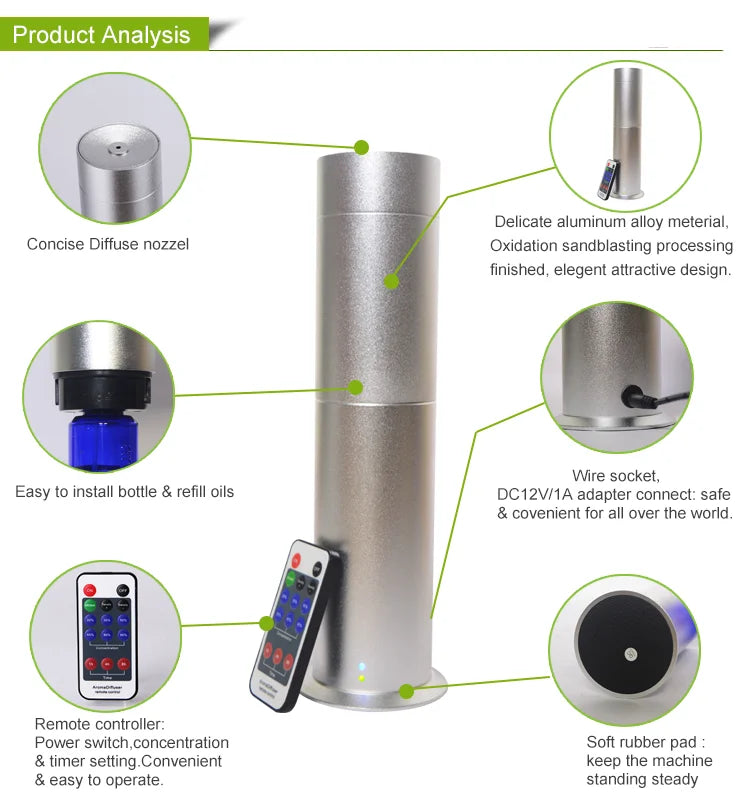 LuxPerfume 120ml aroma diffuser with smart touch control, premium metal finish, ideal for home, office, and hotel spaces.