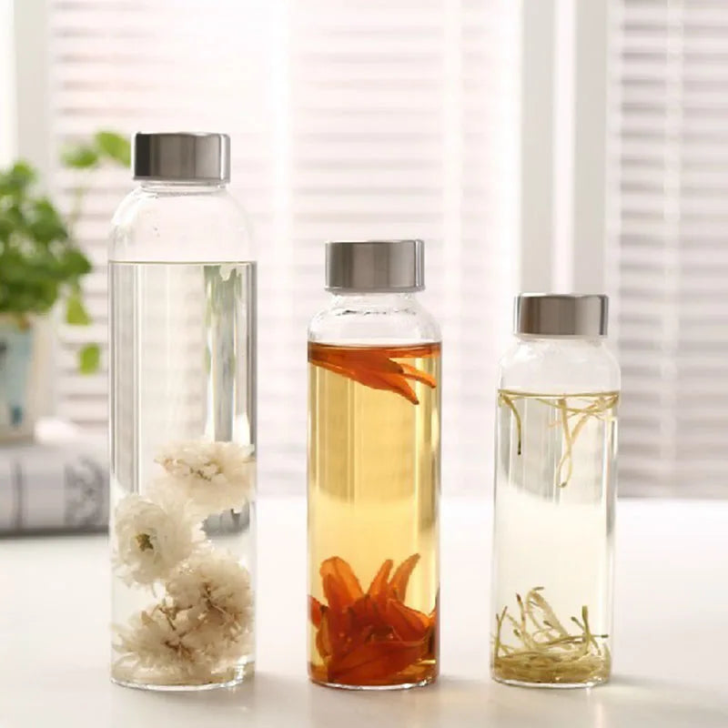 Glass Water Bottle with Stainless Steel Lid and Protective Bag, Sport Bottle, BPA Free, Travel Drink Bottle 360ml, 420 ml, 550ml