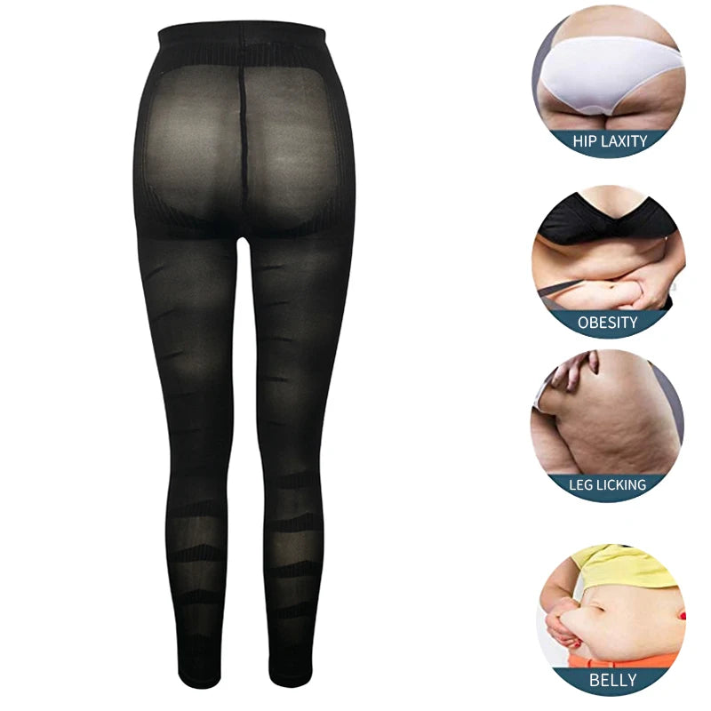 Miss Moly anti-cellulite leggings for women featuring thigh sculpting and waist shaping, shown in black with a high waistband.