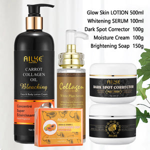 Unisex AILKE Collagen 5-in-1 skin care kit featuring bottles and jars for even tone and glowing skin.