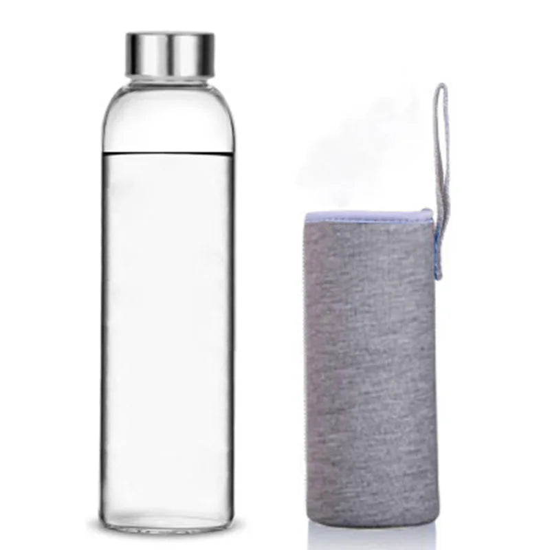 Glass Water Bottle with Stainless Steel Lid and Protective Bag, Sport Bottle, BPA Free, Travel Drink Bottle 360ml, 420 ml, 550ml