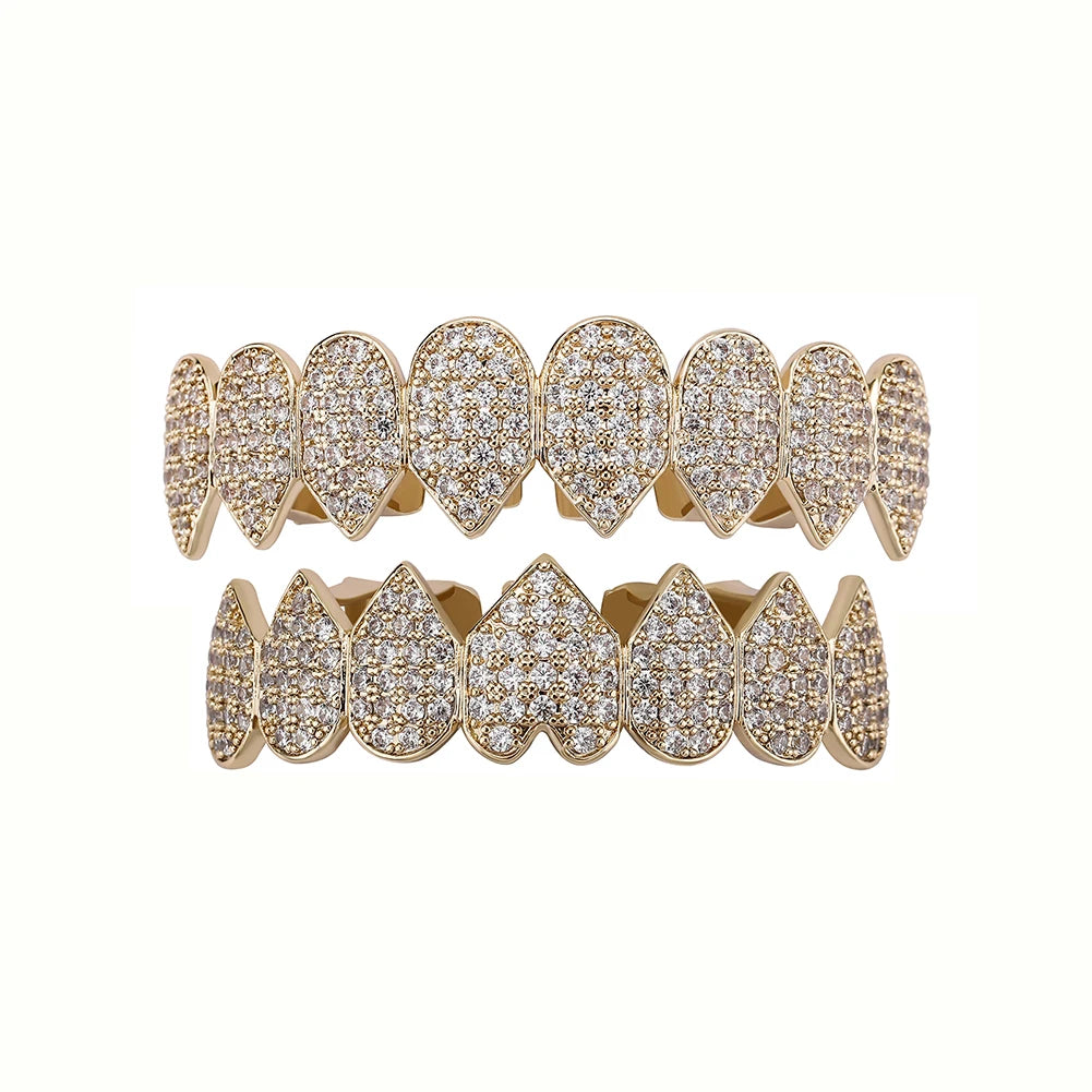 TOPGRILLZ New Iced Out CZ Teeth Grillz Set Top &amp; Bottom 14K Gold Plated Hip Hop Rapper Jewelry Party Gift For Men Women