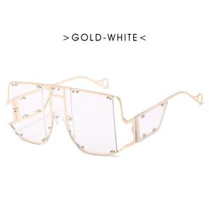 VICKICOCO oversized square sunglasses with vintage metal frame and rivet details, unisex eyewear style.