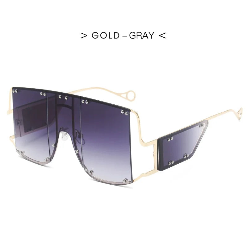 Fashion Square Goggle Sunglasses Women Oversized Metal Frame Vintage Glasses Men Shades Punk Glasses Luxury Brand Rivet Eyewear