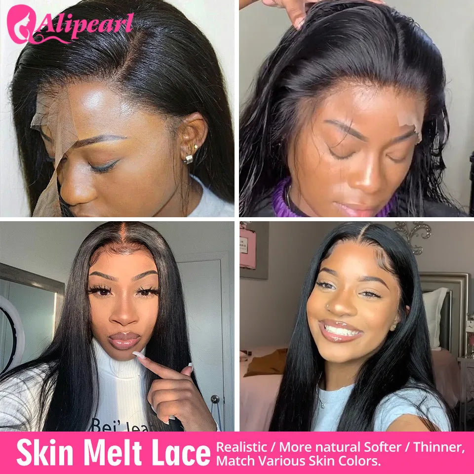 AliPearl Women Remy Brazilian straight hair bundles with 4x4 closure, natural black color and smooth, sleek texture.
