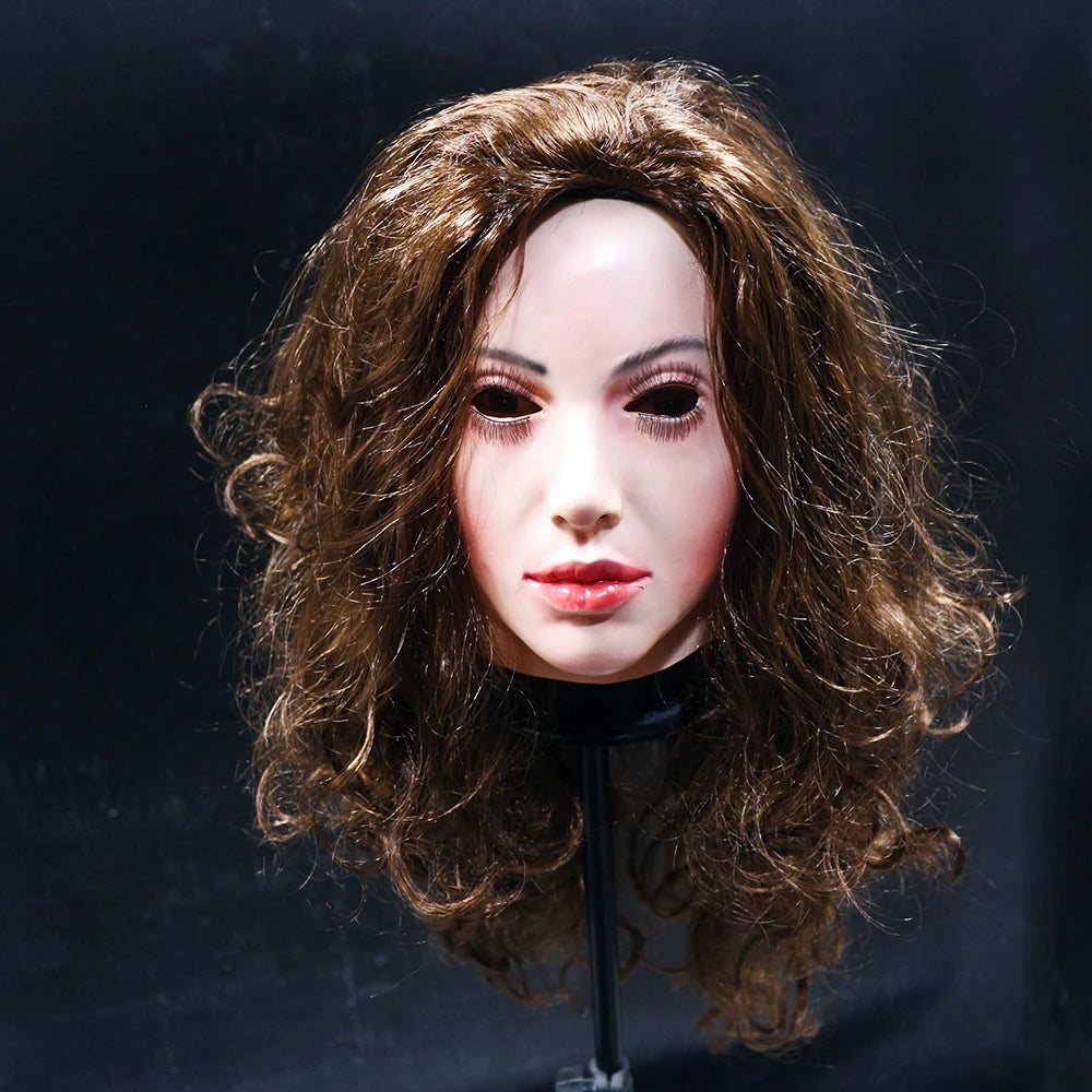 Realistic Latex mask Female Woman Face Halloween Latex Mask with Wig Lady Crossdressing Sissy Transgender Costume