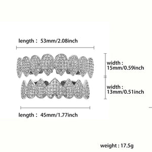 Iced Out CZ grillz teeth set for men and women, 14k gold plated, featuring top and bottom dental jewelry by Hot Trend Vault