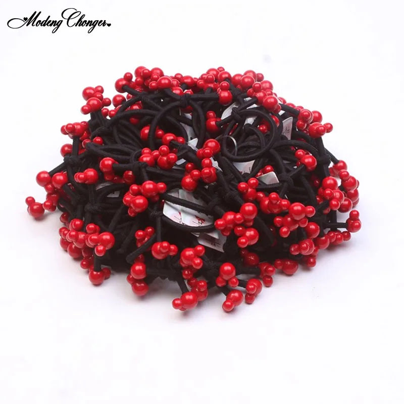10Pcs/Set Fashion Cute Elastic Hair Bands Red Beads Hair Ties   Ponytail Holder Lovely Heart Mickey Hair Rope Hair Accessories