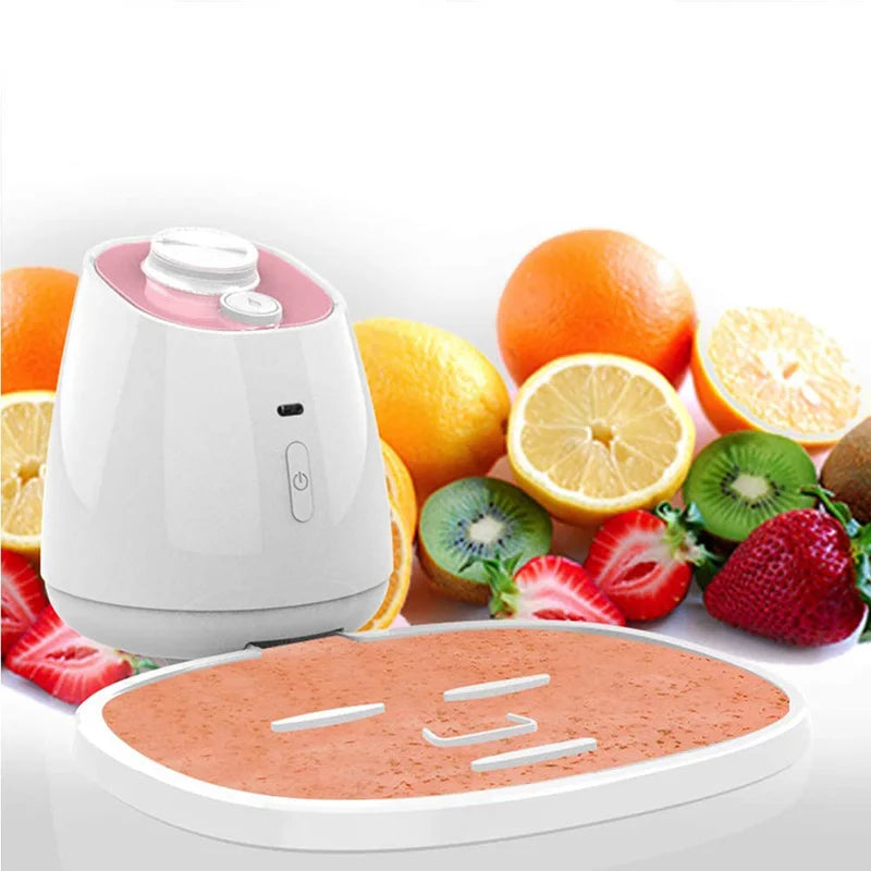 Hot Trend Vault VamsLuna DIY facial mask maker for at-home collagen moisturizing skin rejuvenation, shown with mask ingredients and device.