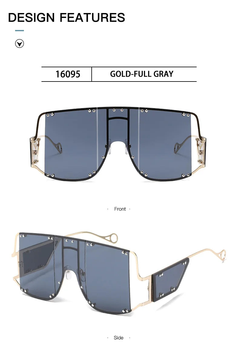 Fashion Square Goggle Sunglasses Women Oversized Metal Frame Vintage Glasses Men Shades Punk Glasses Luxury Brand Rivet Eyewear