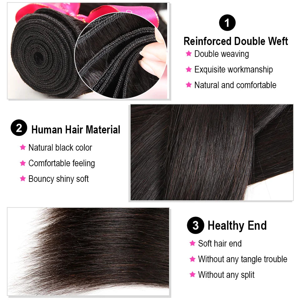 AliPearl Women Remy Brazilian straight bundles with 4x4 closure, natural black hair, and smooth, sleek texture.