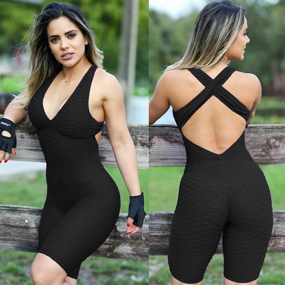 Women Jumpsuit Sleeveless Backcross Short Bodysuit Fitness Women Sport Suit Jacquard Backless Tracksuit Gym Workout Sportswear