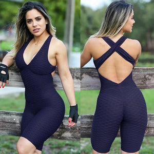 Women Jumpsuit Sleeveless Backcross Short Bodysuit Fitness Women Sport Suit Jacquard Backless Tracksuit Gym Workout Sportswear