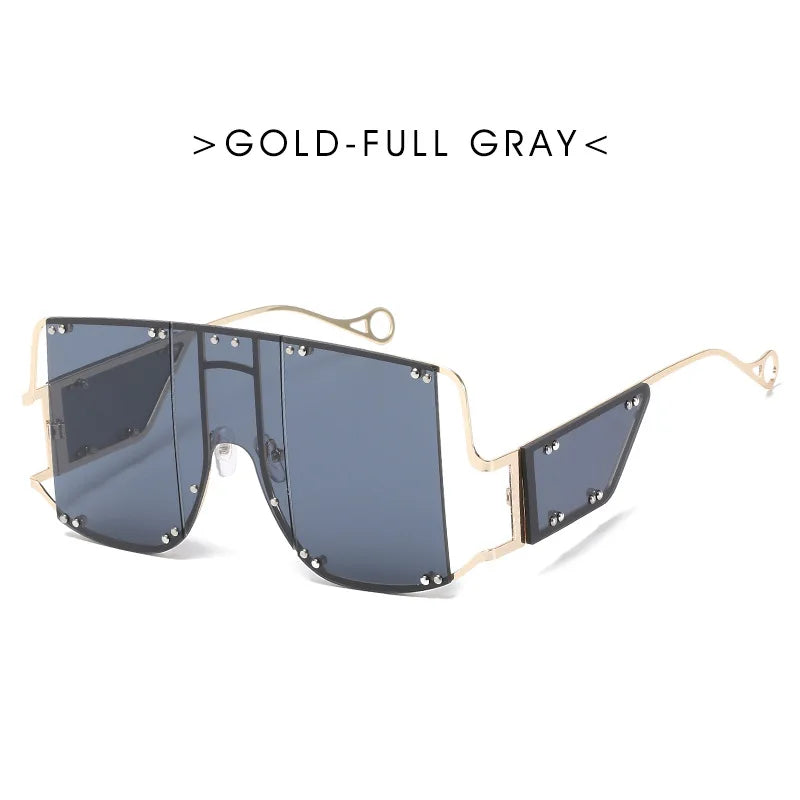 Fashion Square Goggle Sunglasses Women Oversized Metal Frame Vintage Glasses Men Shades Punk Glasses Luxury Brand Rivet Eyewear
