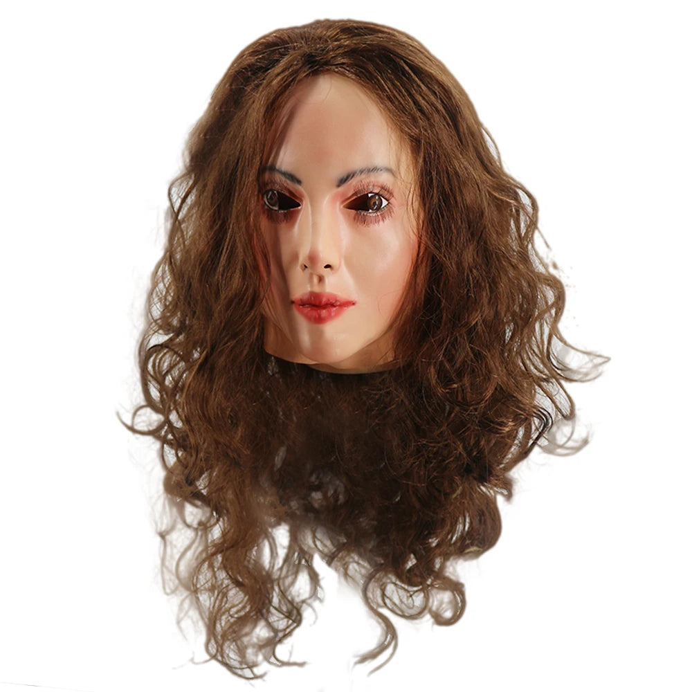 Realistic Female Latex Mask Woman Face Halloween Latex Mask with Wig Lady Crossdressing Sissy Transgender Costume