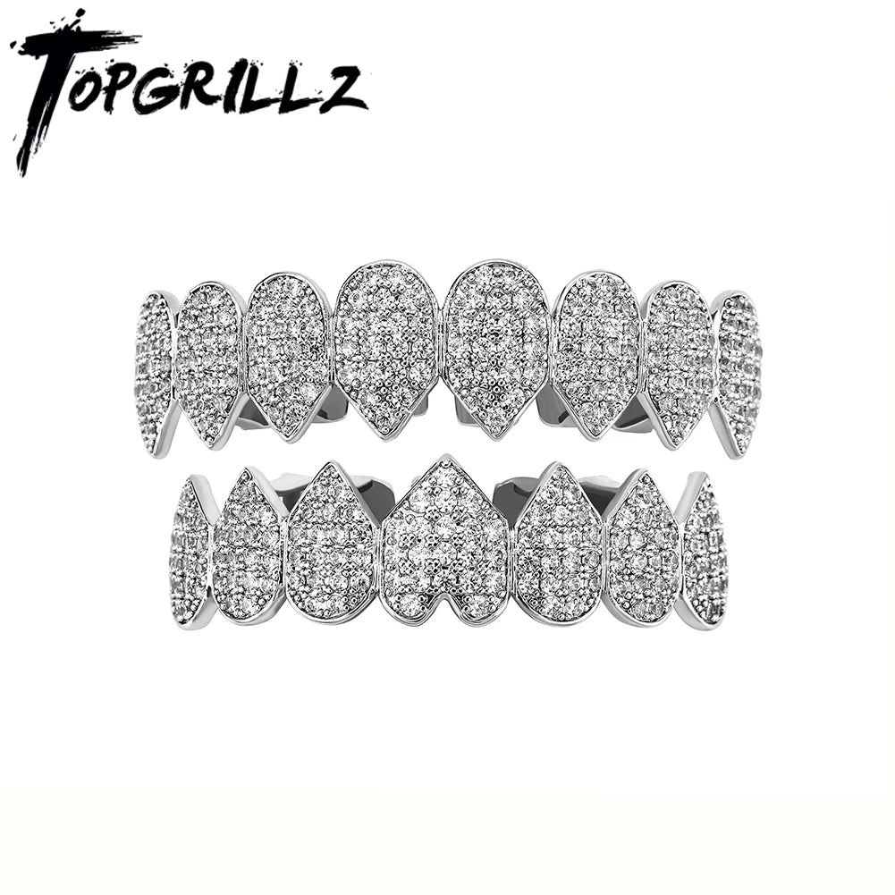 TOPGRILLZ New Iced Out CZ Teeth Grillz Set Top &amp; Bottom 14K Gold Plated Hip Hop Rapper Jewelry Party Gift For Men Women