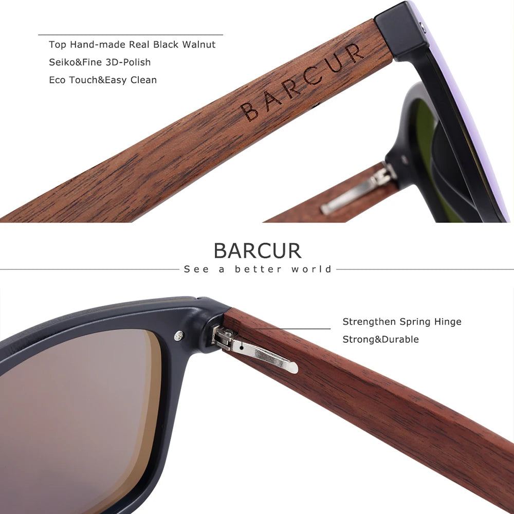 BARCUR Wood Sunglasses Natural Black Walnut Sun glasses for Men Eyewear Women Polarized UV400 Oculos De Sol Masculino Feminino