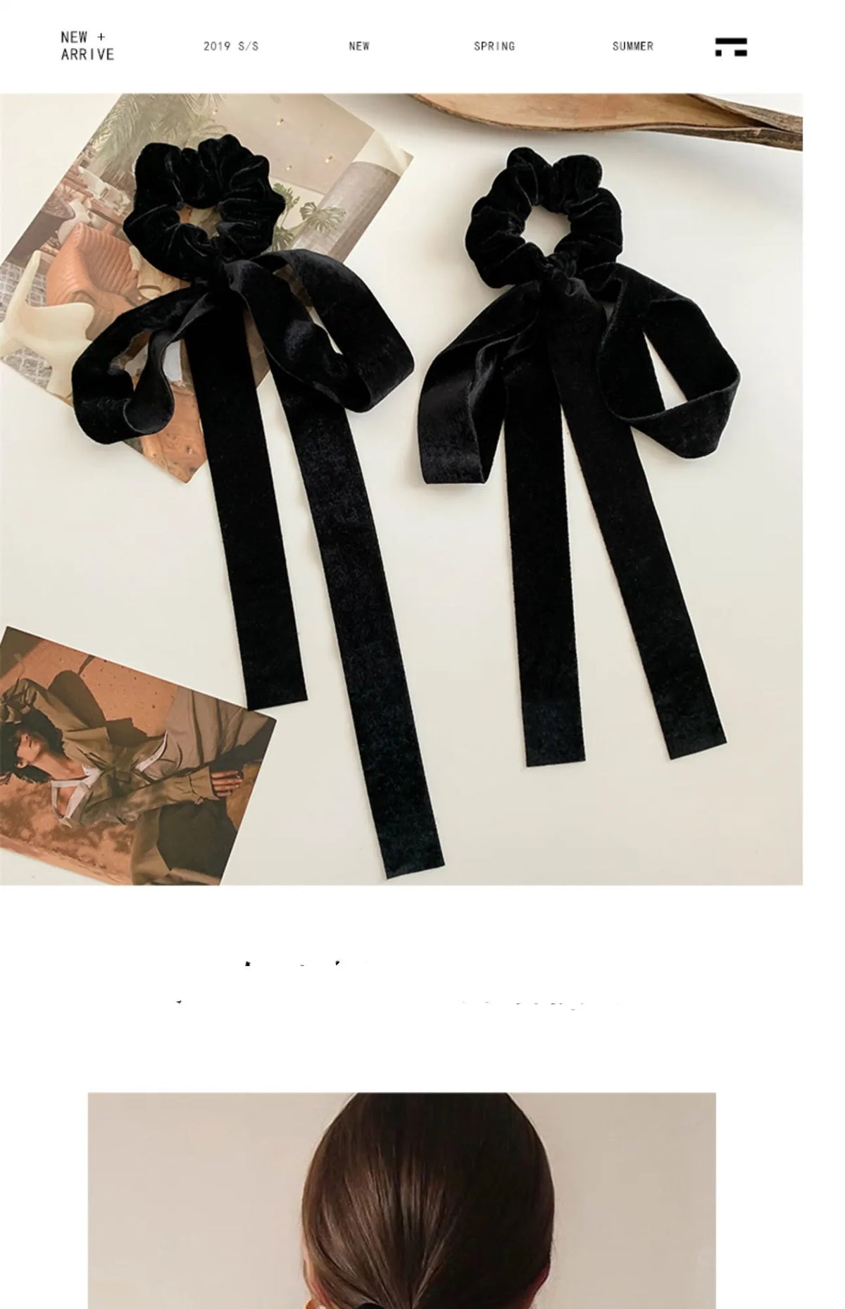 Velvet bow scrunchie hair tie by Hot Trend Vault, soft elastic hair accessory for women and girls, featuring a stylish velvet bow.