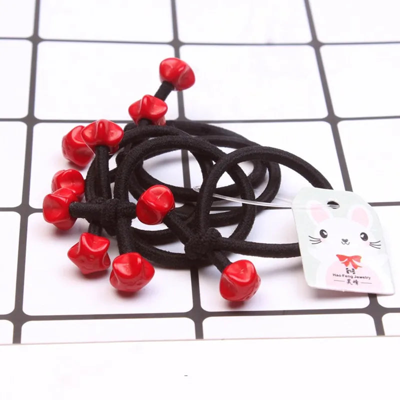 10Pcs/Set Fashion Cute Elastic Hair Bands Red Beads Hair Ties   Ponytail Holder Lovely Heart Mickey Hair Rope Hair Accessories