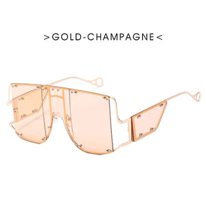 Unisex oversized square sunglasses with vintage metal frame and rivet details, featuring bold, fashionable eyewear design.