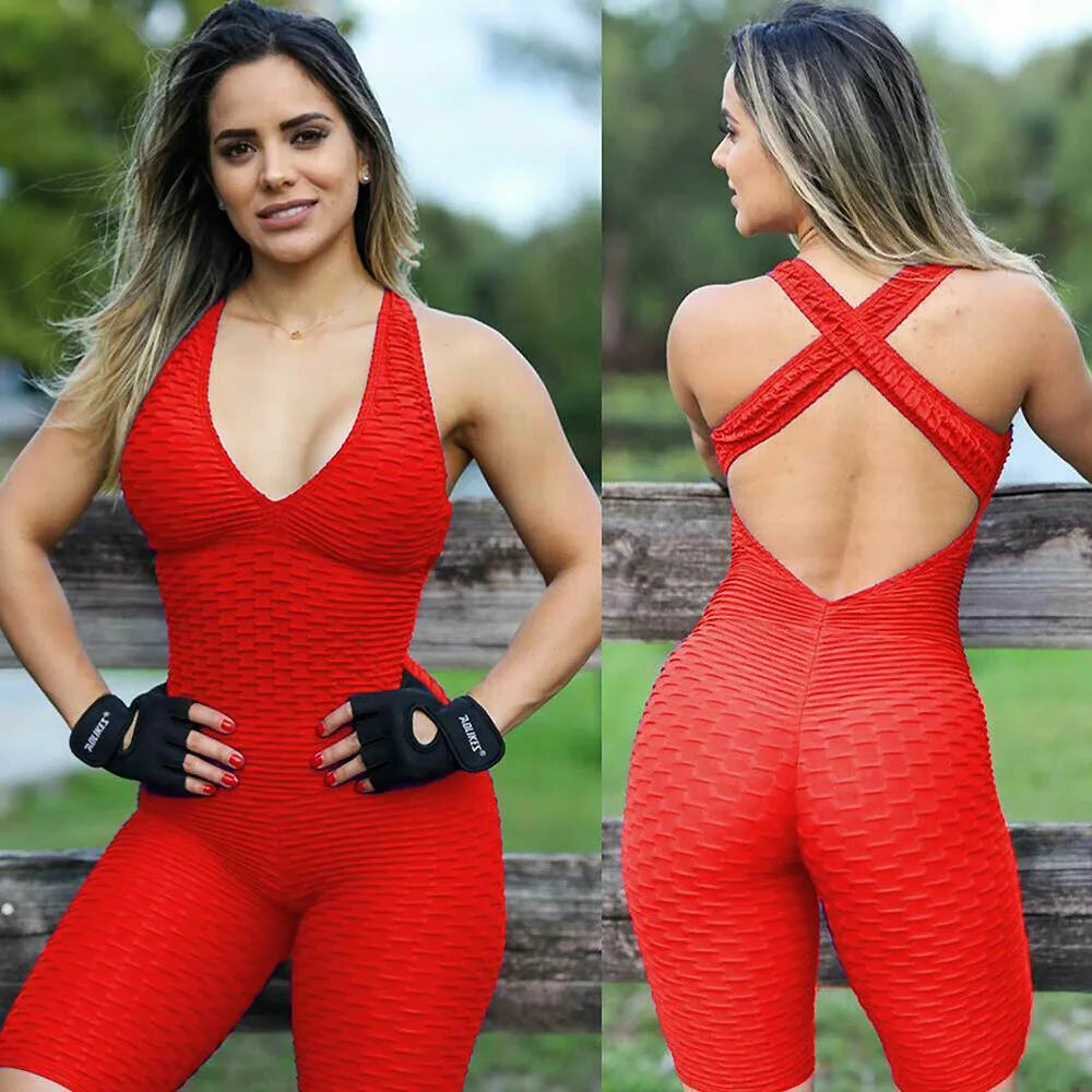 Women Jumpsuit Sleeveless Backcross Short Bodysuit Fitness Women Sport Suit Jacquard Backless Tracksuit Gym Workout Sportswear