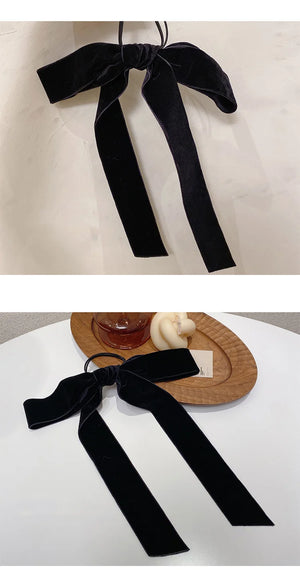 Black velvet bow scrunchie with vintage style, elastic hair tie for women and girls, by Hot Trend Vault