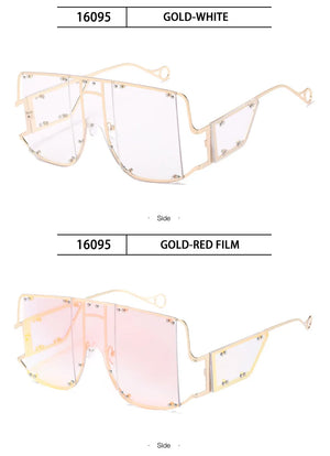 Unisex oversized square sunglasses with vintage metal frame and rivet details, featuring dark tinted lenses.