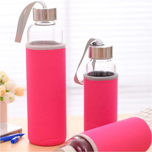 Glass Water Bottle with Stainless Steel Lid and Protective Bag, Sport Bottle, BPA Free, Travel Drink Bottle 360ml, 420 ml, 550ml