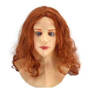 Realistic Female Latex Mask Woman Face Halloween Latex Mask with Wig Lady Crossdressing Sissy Transgender Costume