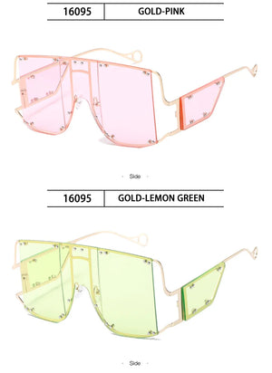 VICKICOCO oversized square sunglasses with vintage metal frame and rivet detailing, unisex eyewear for stylish sun protection.