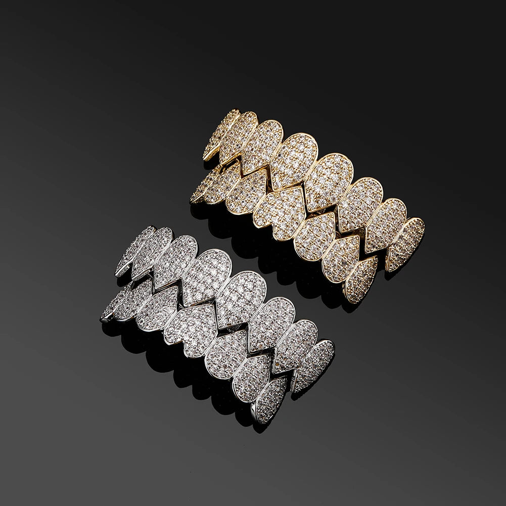 TOPGRILLZ New Iced Out CZ Teeth Grillz Set Top &amp; Bottom 14K Gold Plated Hip Hop Rapper Jewelry Party Gift For Men Women