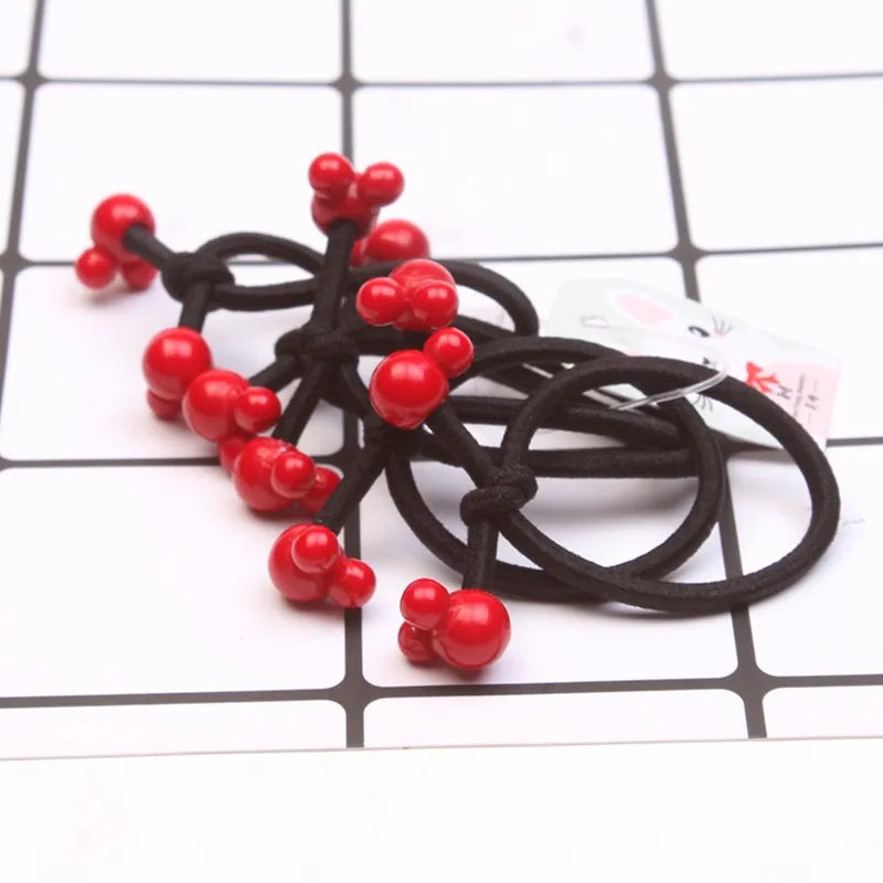 10Pcs/Set Fashion Cute Elastic Hair Bands Red Beads Hair Ties   Ponytail Holder Lovely Heart Mickey Hair Rope Hair Accessories