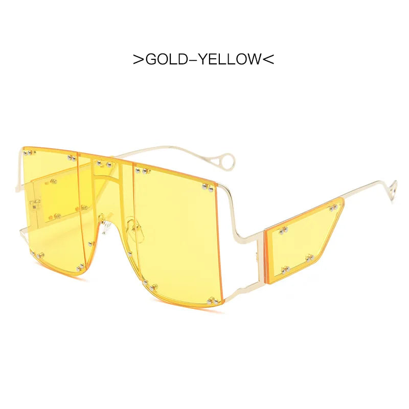 Fashion Square Goggle Sunglasses Women Oversized Metal Frame Vintage Glasses Men Shades Punk Glasses Luxury Brand Rivet Eyewear