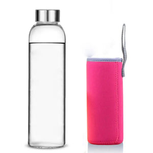 Glass Water Bottle with Stainless Steel Lid and Protective Bag, Sport Bottle, BPA Free, Travel Drink Bottle 360ml, 420 ml, 550ml