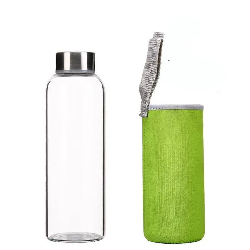 Glass Water Bottle with Stainless Steel Lid and Protective Bag, Sport Bottle, BPA Free, Travel Drink Bottle 360ml, 420 ml, 550ml